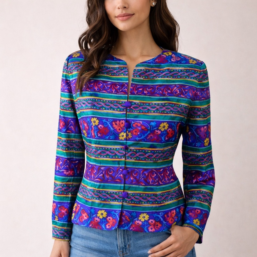 Vintage Adrianna Papell Silk Jacket Blazer Floral Stripe Multicolor Size 6